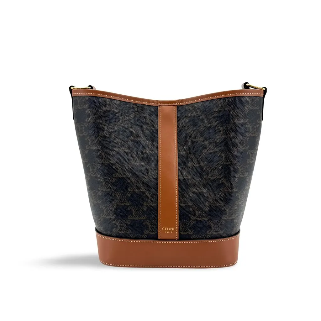 Celine Medium Bucket in Triomphe Canvas Tan Black Canvas Very good - Front View