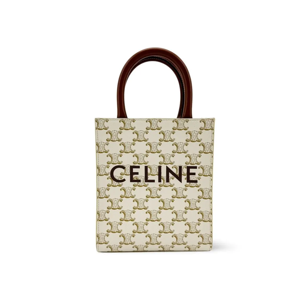 Celine Mini Vertical Cabas in Triomphe Canvas White Brown Canvas Very good - Front View