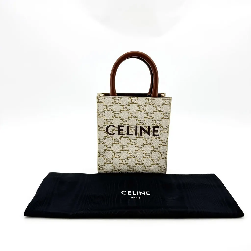 Celine Mini Vertical Cabas in Triomphe Canvas White Brown Canvas Very good - Back View