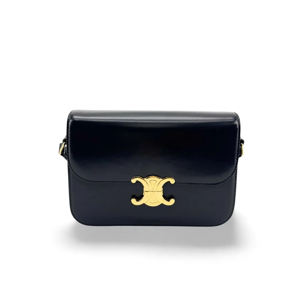 Celine Teen Triomphe Bag in Shiny Calfskin Black Black Leather Very good - Front View