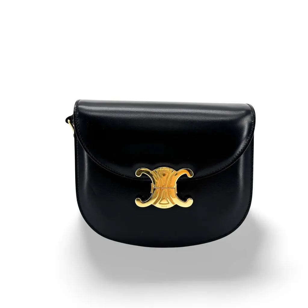 Celine Teen Triomphe Bag in Shiny Calfskin Black Black Leather Good - Front View