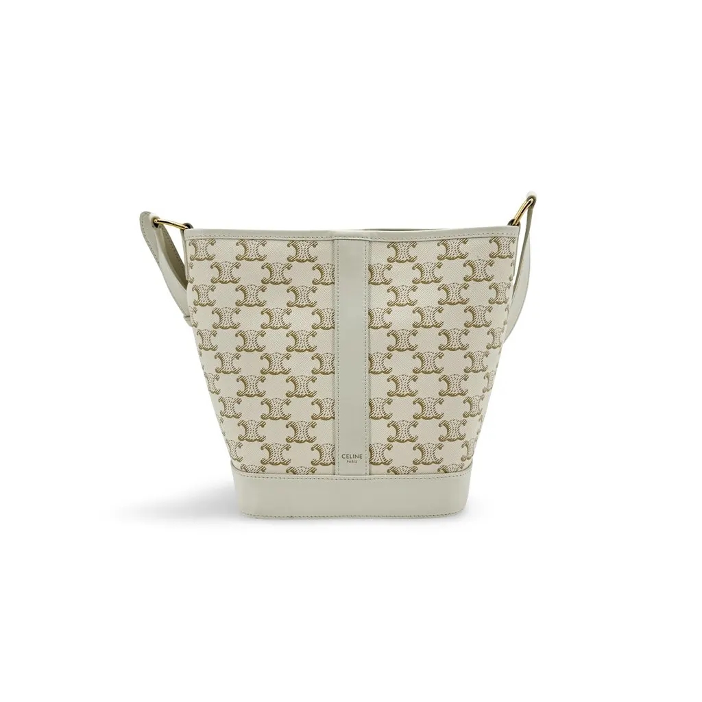 Celine Small Bucket Bag in Triomphe Canvas White Gold Canvas Good - Front View