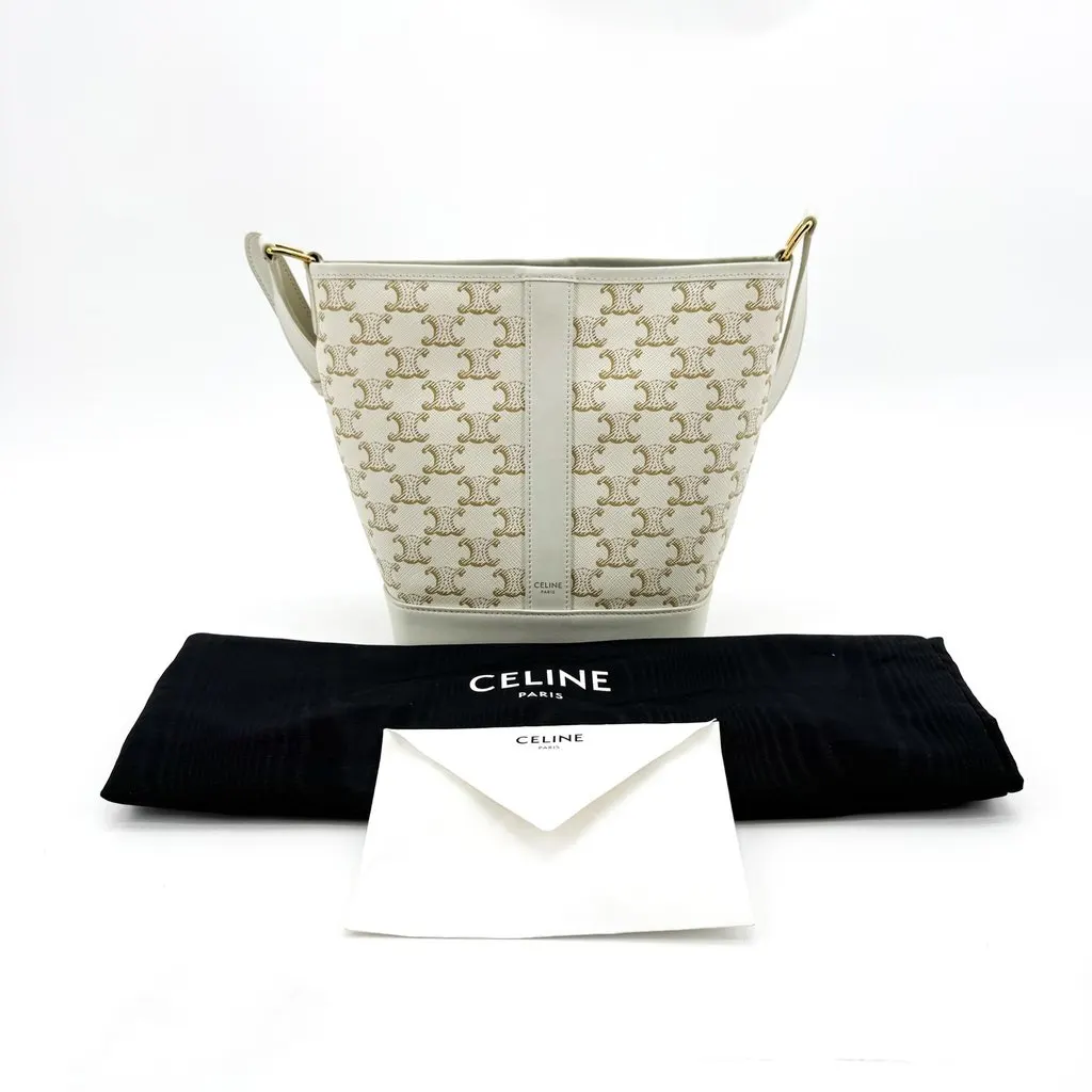 Celine Small Bucket Bag in Triomphe Canvas White Gold Canvas Good - Back View