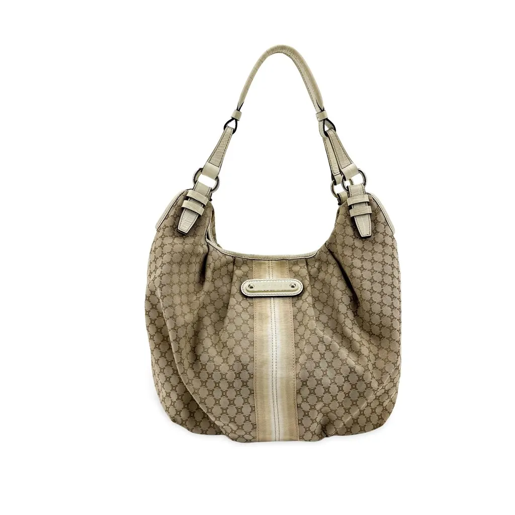 Celine C Macadam Canvas Hobo Shoulder Bag Beige Beige Canvas Good - Front View