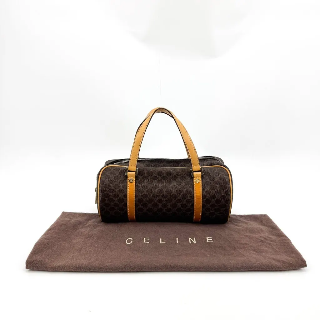 Celine Vintage Macadam Cylinder Handbag Brown Beige Canvas Good - Back View