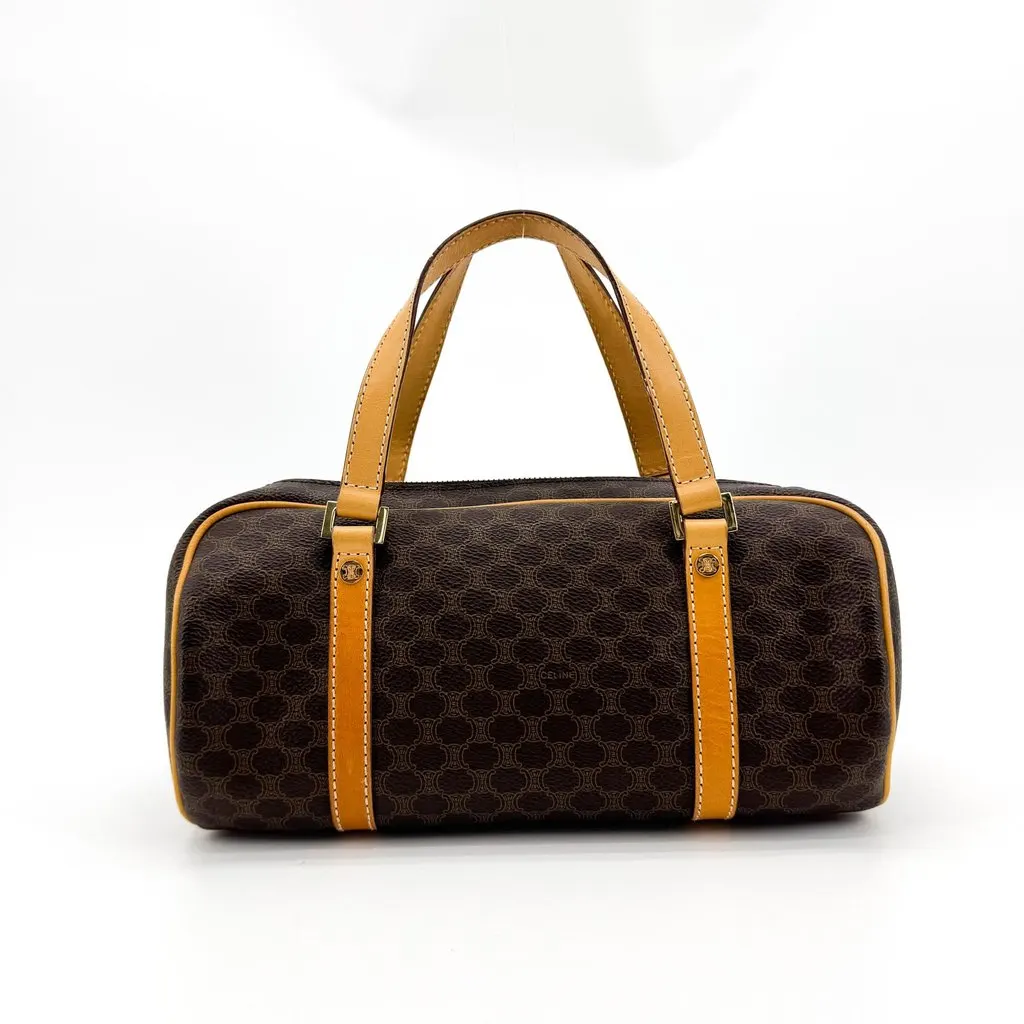 Celine Vintage Macadam Cylinder Handbag Brown Beige Canvas Good - Inside View