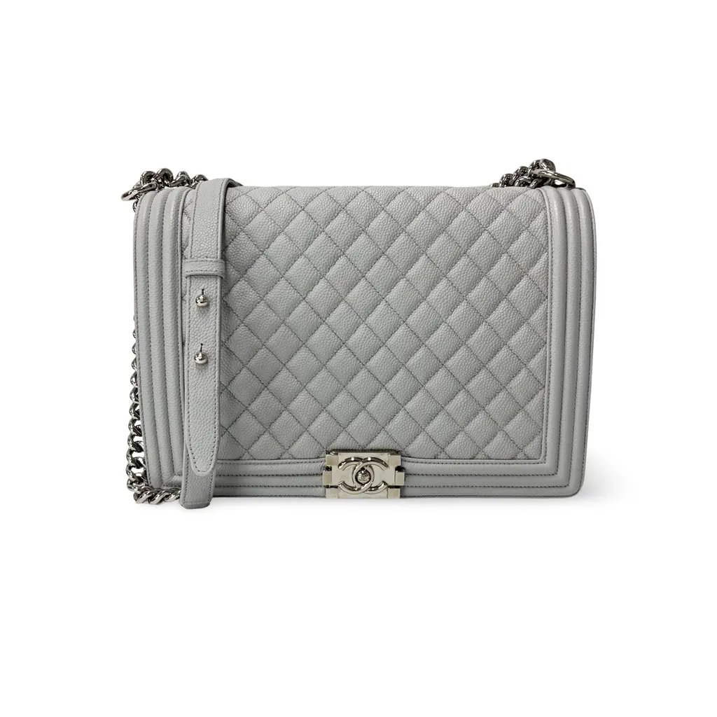 Chanel Boy Bag Caviar Silver Hardware Large Beige Leather Good - Front View