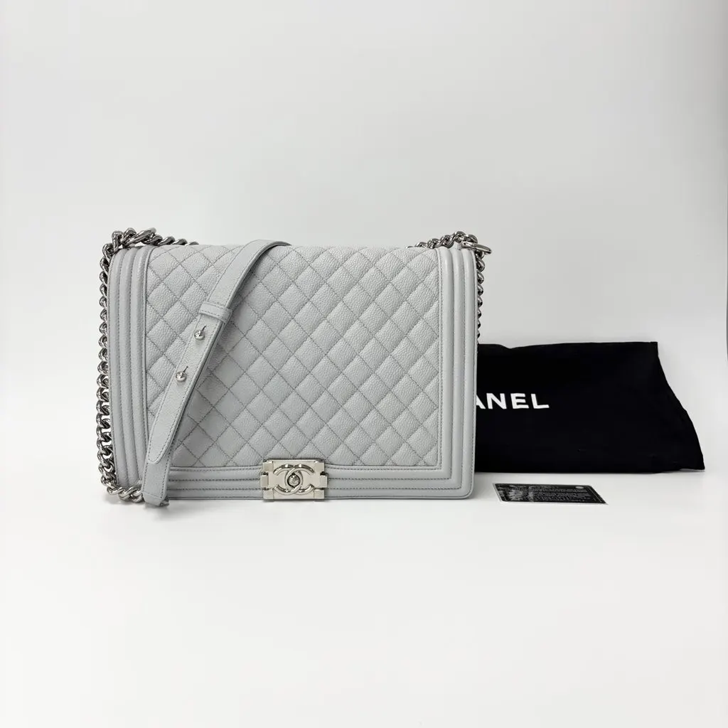 Chanel Boy Bag Caviar Silver Hardware Large Beige Leather Good - Back View