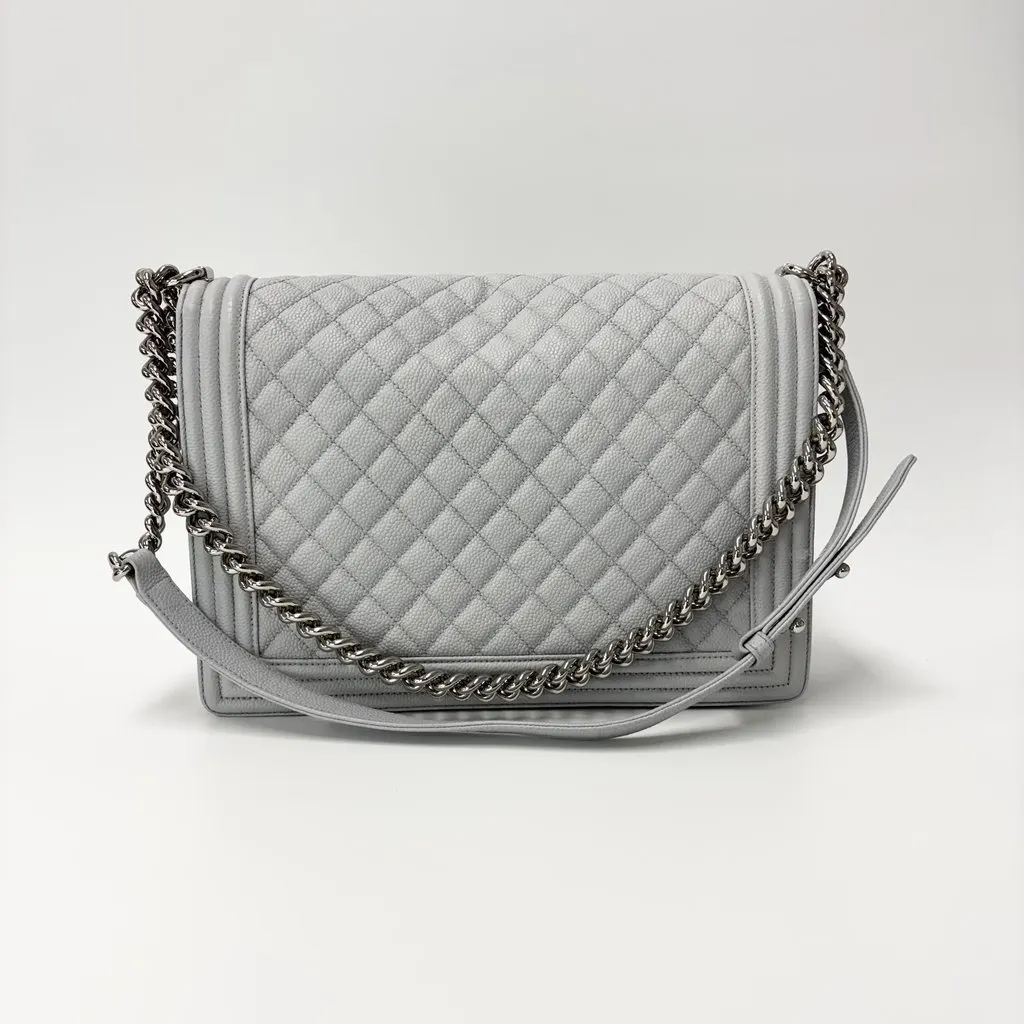 Chanel Boy Bag Caviar Silver Hardware Large Beige Leather Good - Inside View