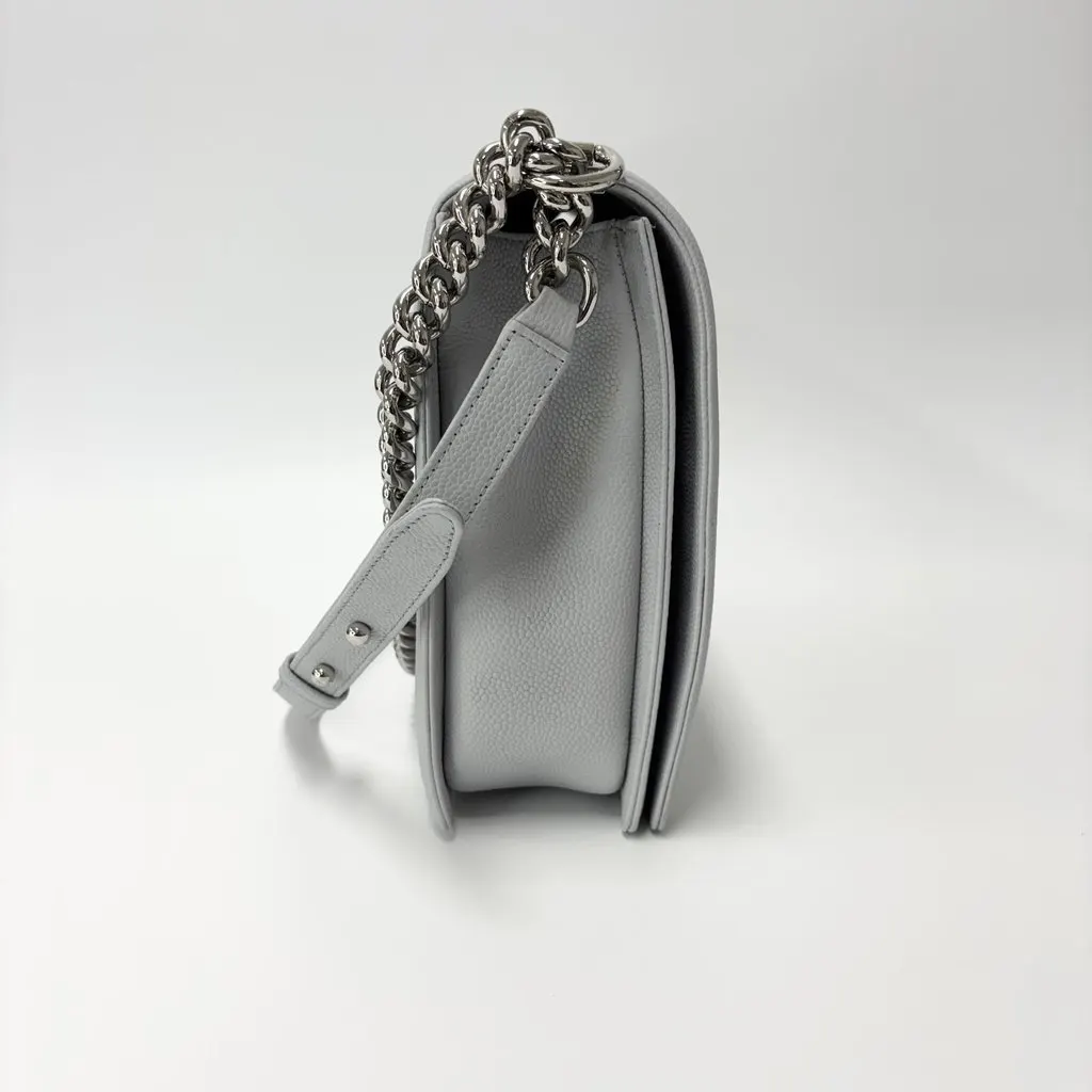 Chanel Boy Bag Caviar Silver Hardware Large Beige Leather Good - Model View