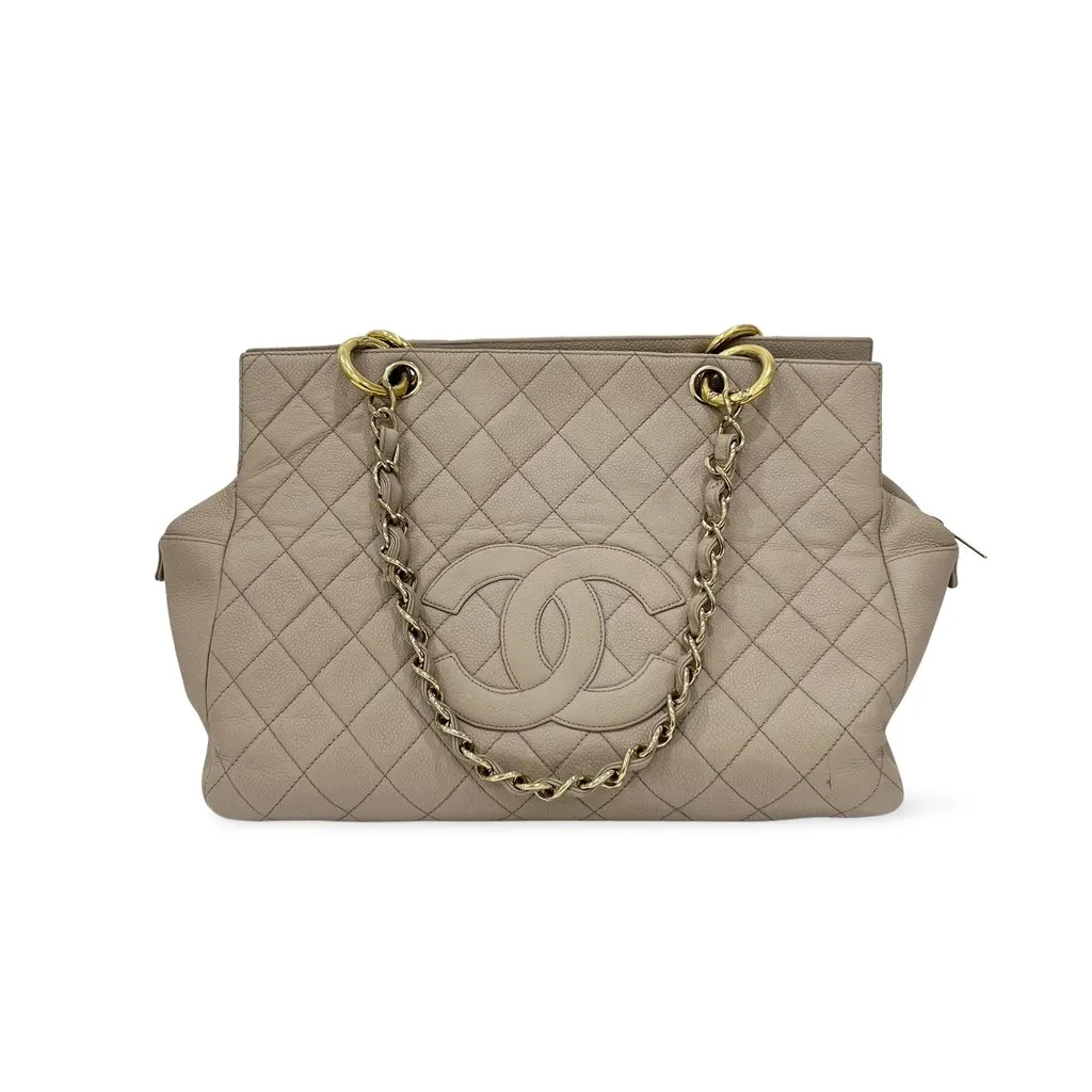 Chanel Caviar Square Bag Large Beige Leather Good - Front View