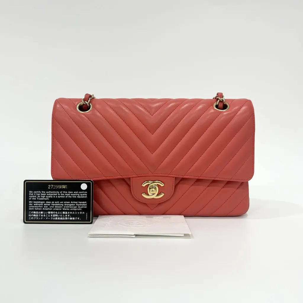 Chanel A01112 Lambskin Chevron Gold Hardware Classic Medium Shoulder Bag Red Leather Good - Back View