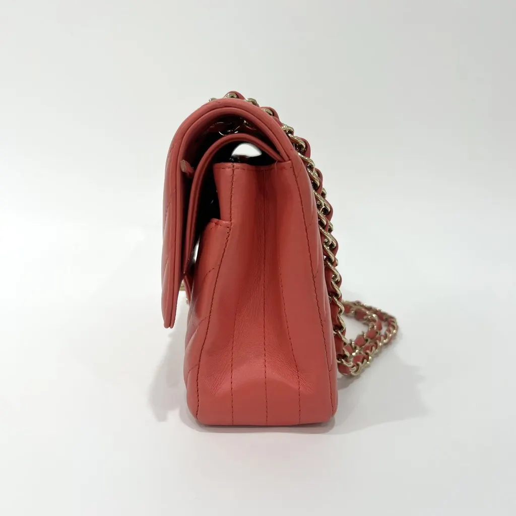 Chanel A01112 Lambskin Chevron Gold Hardware Classic Medium Shoulder Bag Red Leather Good - Model View