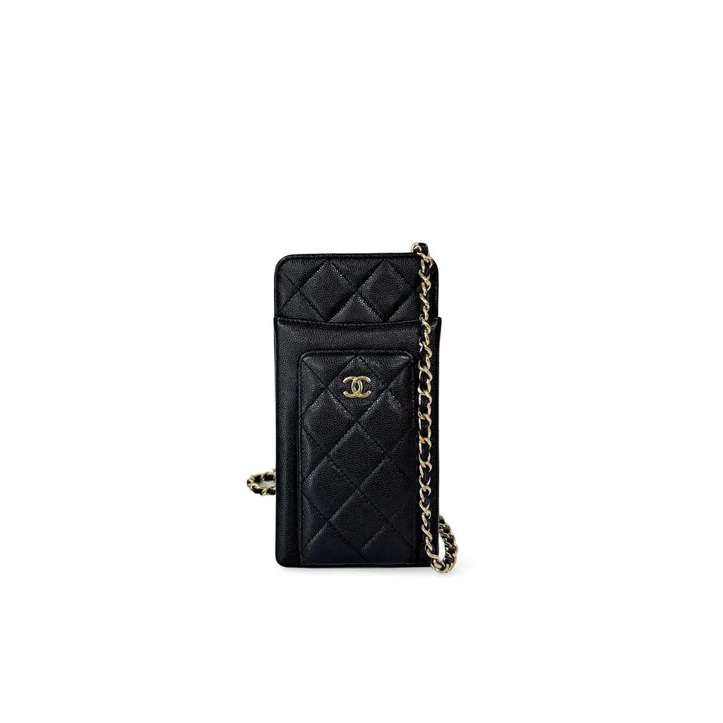 Chanel Classic Caviar Phone Holder with Chain Black Gold Black Leather Good - Front View