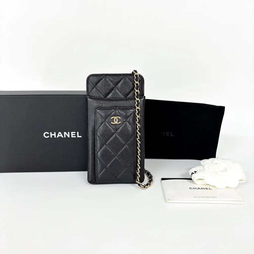 Chanel Classic Caviar Phone Holder with Chain Black Gold Black Leather Good - Back View