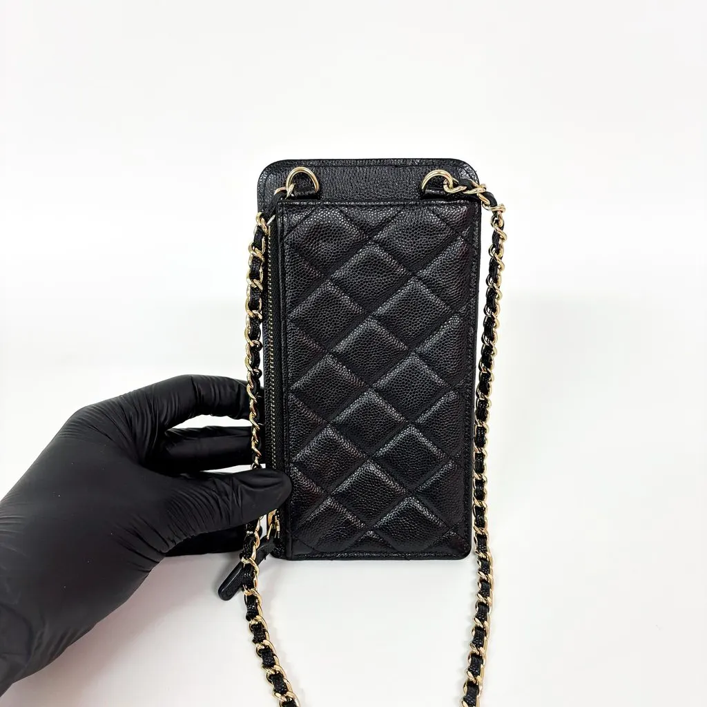 Chanel Classic Caviar Phone Holder with Chain Black Gold Black Leather Good - Inside View