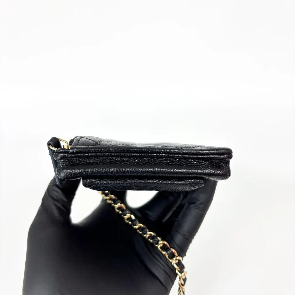 Chanel Classic Caviar Phone Holder with Chain Black Gold Black Leather Good - Model View