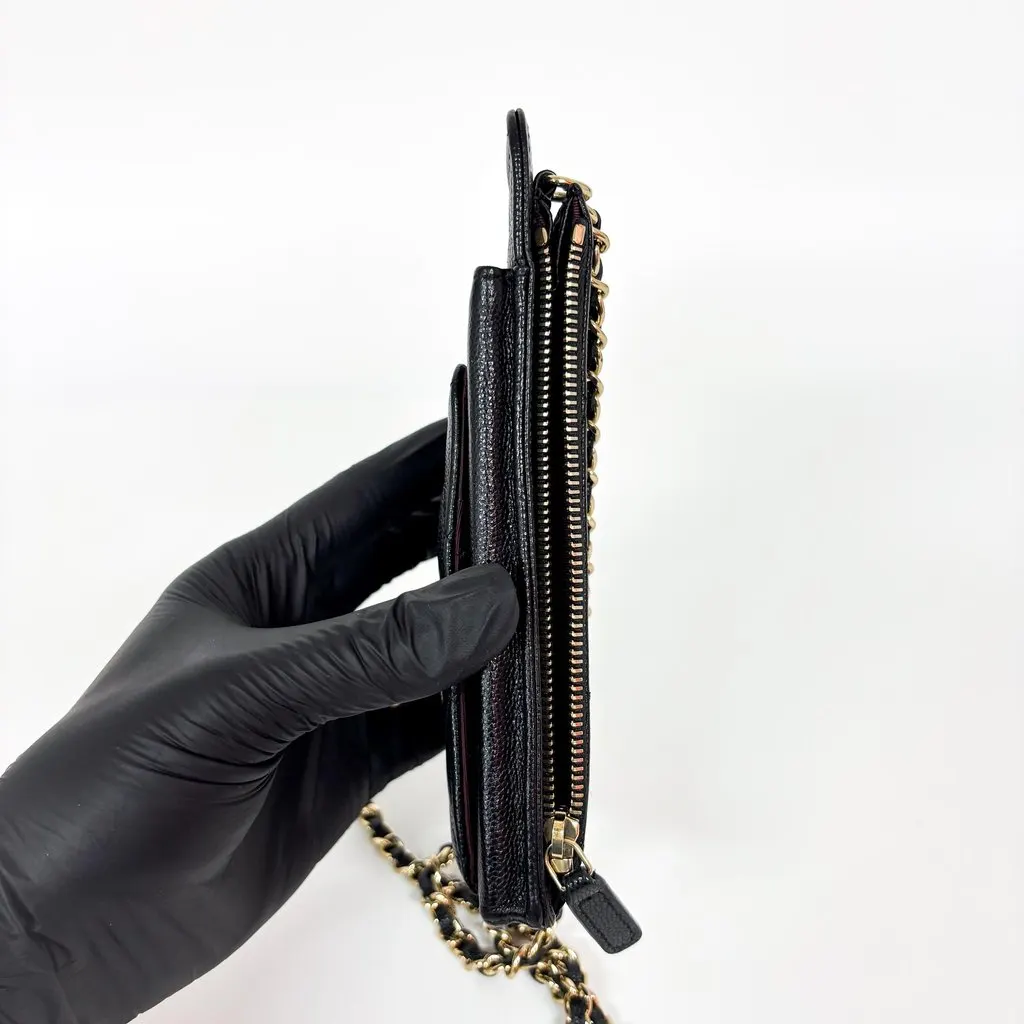 Chanel Classic Caviar Phone Holder with Chain Black Gold Black Leather Good - Box View