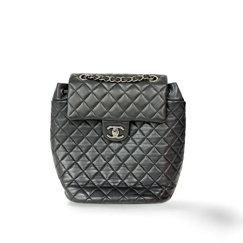 Chanel Urban Spirit Silver Hardware Lambskin Backpack Black Leather Very good - Front View