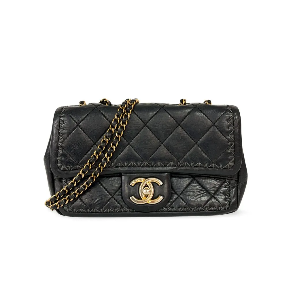 Chanel Small Rectangular Whipstitch Flap Bag Black Gold Hardware 21st Series Black Leather Good - Front View
