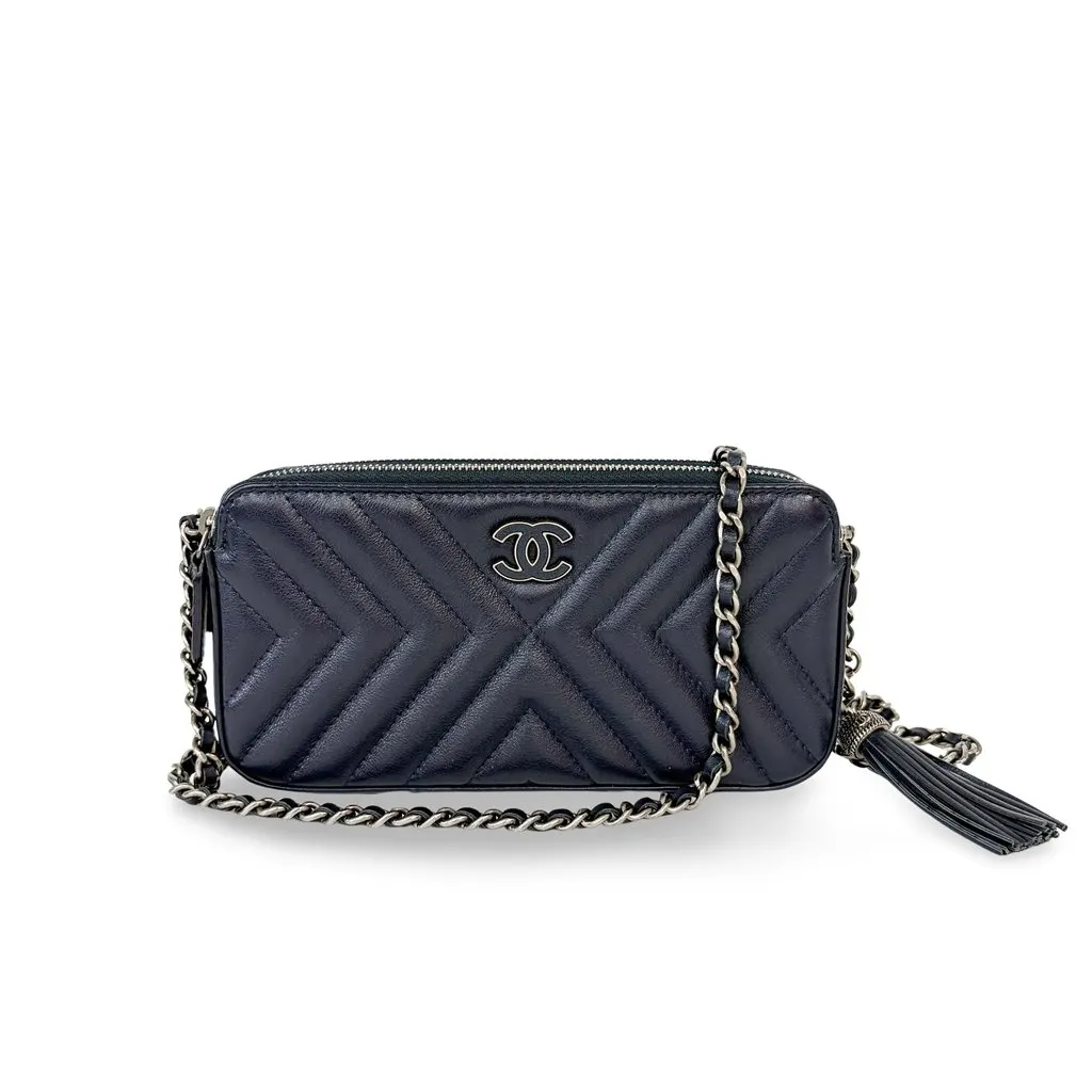 Chanel Chevron Tassel Camera Bag Mini Silver Hardware Navy MultiColor Leather Good - Front View