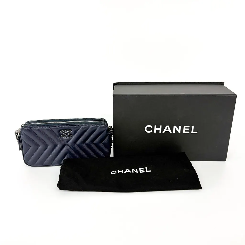 Chanel Chevron Tassel Camera Bag Mini Silver Hardware Navy MultiColor Leather Good - Back View