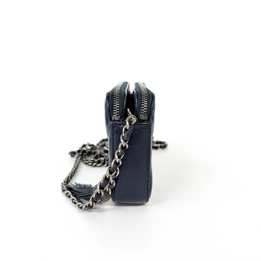 Chanel Chevron Tassel Camera Bag Mini Silver Hardware Navy MultiColor Leather Good - Model View