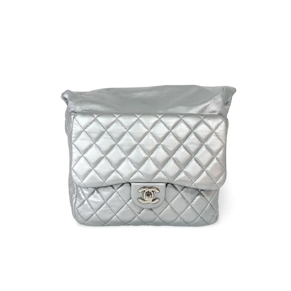 Chanel Metallic Silver Quilted Lambskin Flap Bag Silver Hardware MultiColor Leather Good - Front View