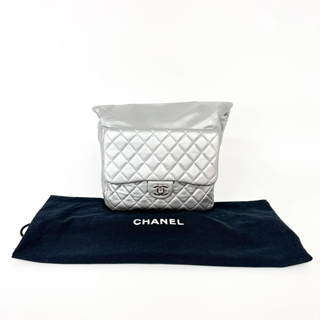 Chanel Metallic Silver Quilted Lambskin Flap Bag Silver Hardware MultiColor Leather Good - Back View