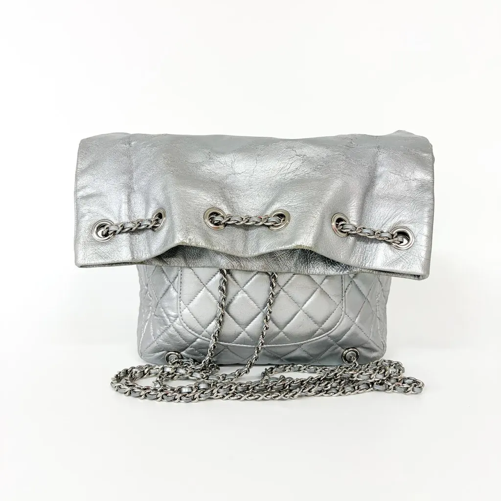 Chanel Metallic Silver Quilted Lambskin Flap Bag Silver Hardware MultiColor Leather Good - Inside View
