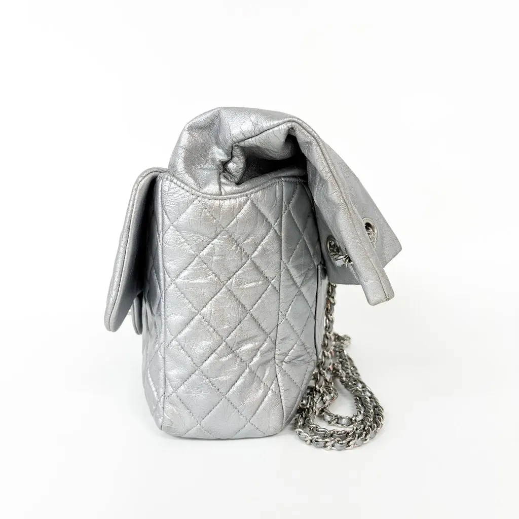 Chanel Metallic Silver Quilted Lambskin Flap Bag Silver Hardware MultiColor Leather Good - Model View