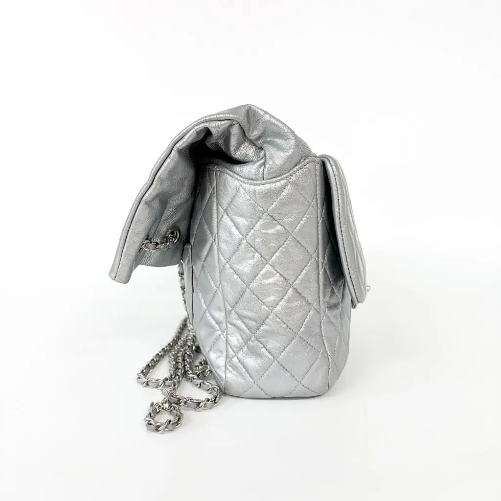 Chanel Metallic Silver Quilted Lambskin Flap Bag Silver Hardware MultiColor Leather Good - Box View