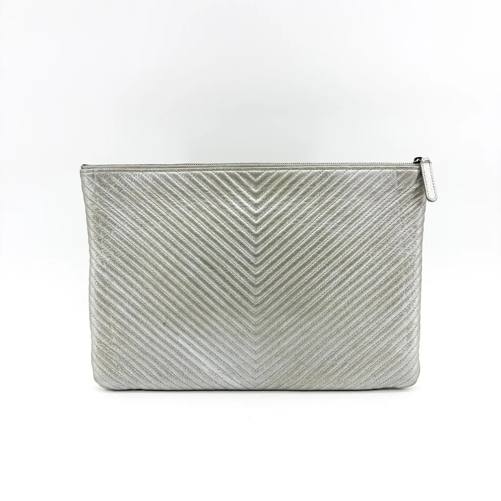 Chanel Chevron Metallic Large O-Case Silver MultiColor Leather Good - Back View