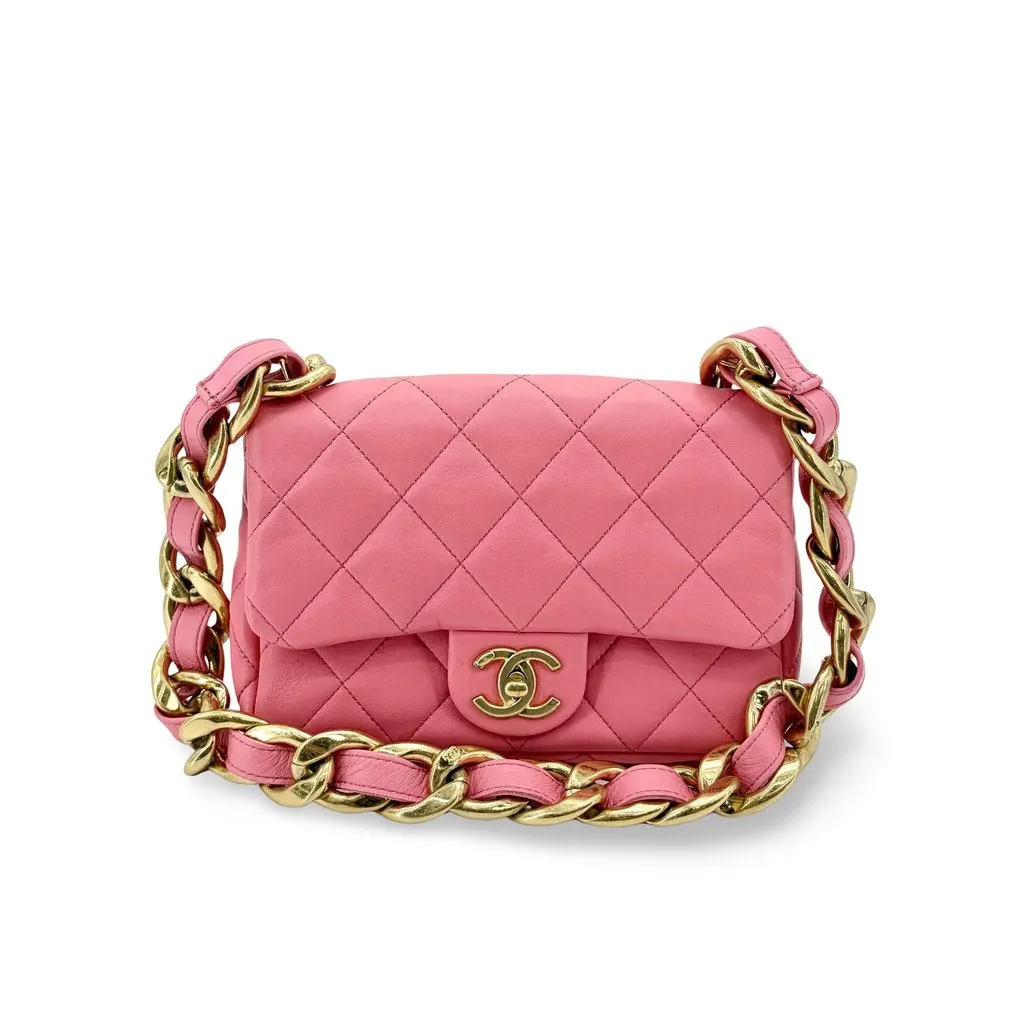 Chanel Pink Quilted Funky Chain Small Flap Bag Gold Metal Internal Chip MultiColor Leather Very good - Front View