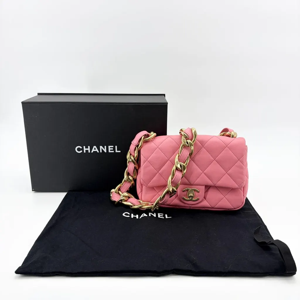 Chanel Pink Quilted Funky Chain Small Flap Bag Gold Metal Internal Chip MultiColor Leather Very good - Back View