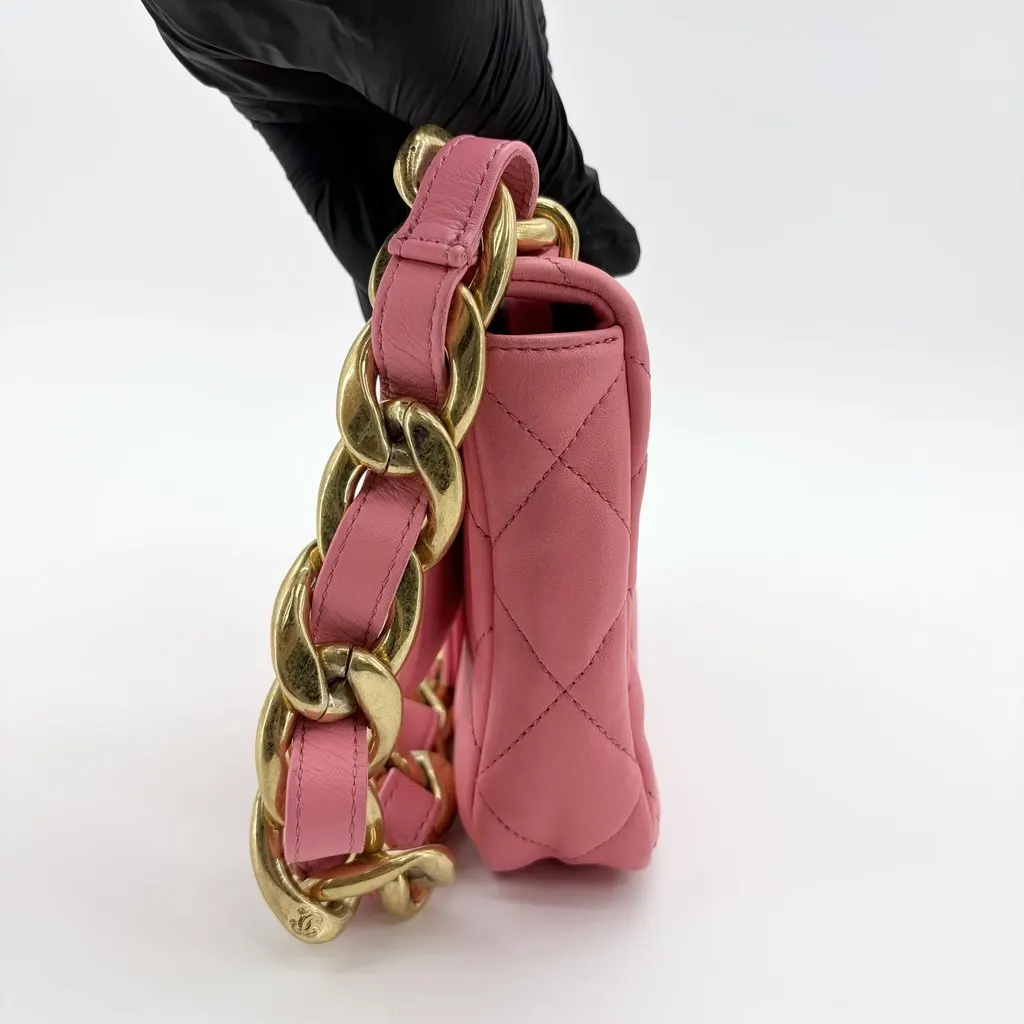 Chanel Pink Quilted Funky Chain Small Flap Bag Gold Metal Internal Chip MultiColor Leather Very good - Model View