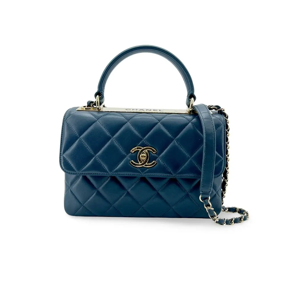 Chanel Small Trendy CC Top Handle Flap Bag Navy Gold Hardware MultiColor Leather Very good - Front View