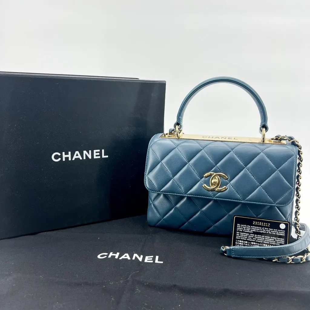 Chanel Small Trendy CC Top Handle Flap Bag Navy Gold Hardware MultiColor Leather Very good - Back View