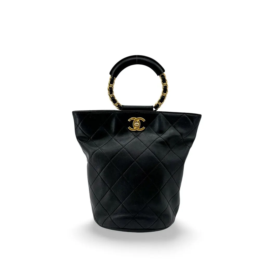 Chanel Vintage Quilted Chain Round Handle Bucket Bag Black with Gold Hardware MultiColor Leather Good - Front View