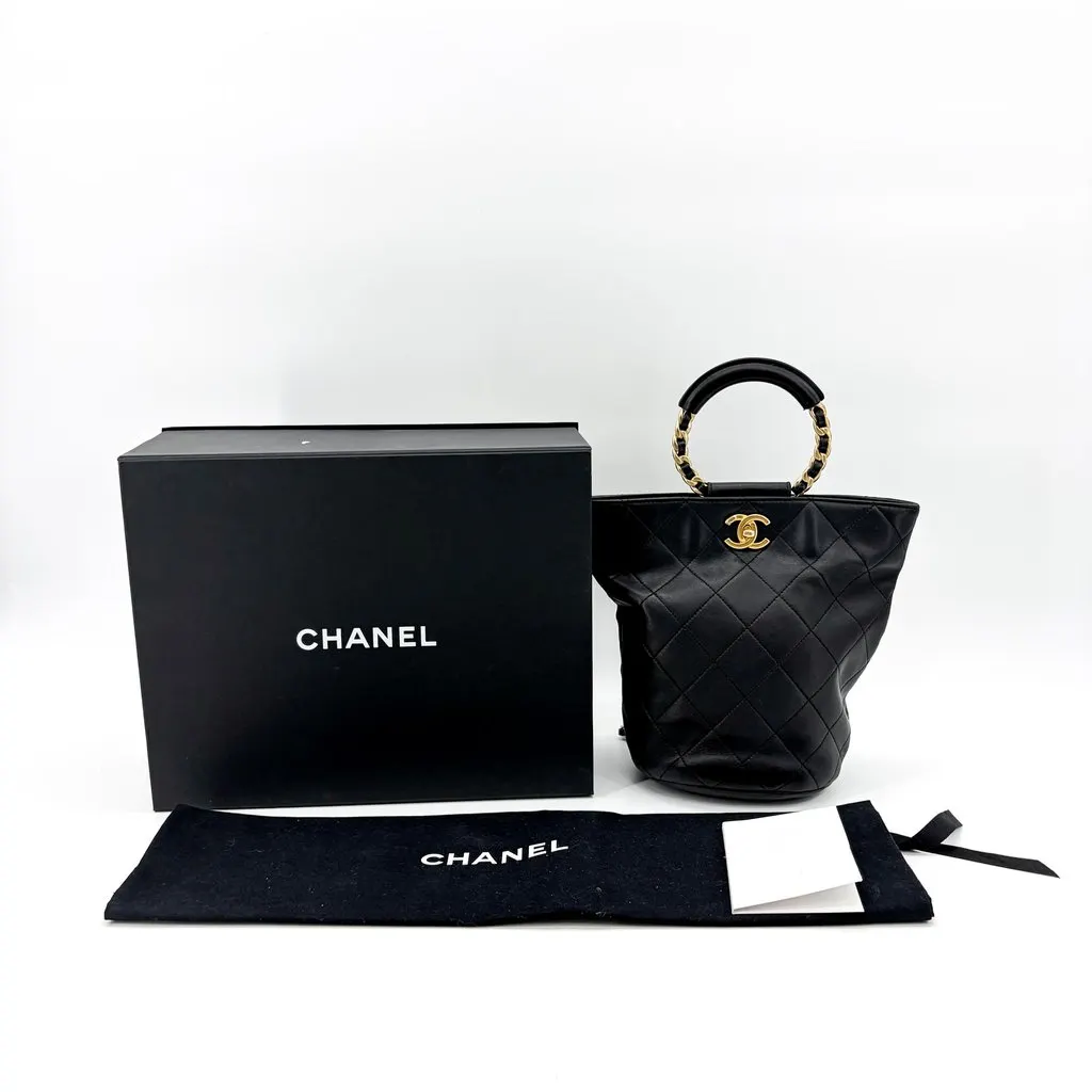 Chanel Vintage Quilted Chain Round Handle Bucket Bag Black with Gold Hardware MultiColor Leather Good - Back View