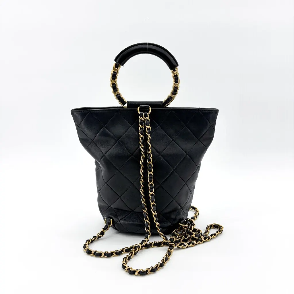 Chanel Vintage Quilted Chain Round Handle Bucket Bag Black with Gold Hardware MultiColor Leather Good - Inside View