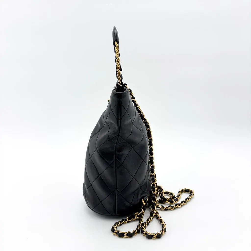 Chanel Vintage Quilted Chain Round Handle Bucket Bag Black with Gold Hardware MultiColor Leather Good - Model View
