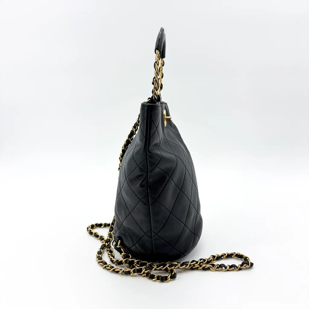 Chanel Vintage Quilted Chain Round Handle Bucket Bag Black with Gold Hardware MultiColor Leather Good - Box View