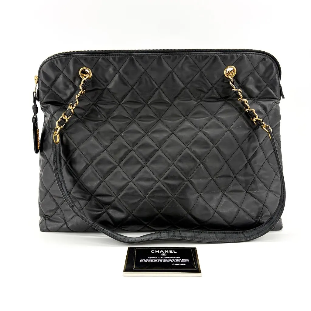 Chanel Vintage Quilted Nylon Chain Shoulder Bag Black Gold Hardware MultiColor Polyamide Good - Back View