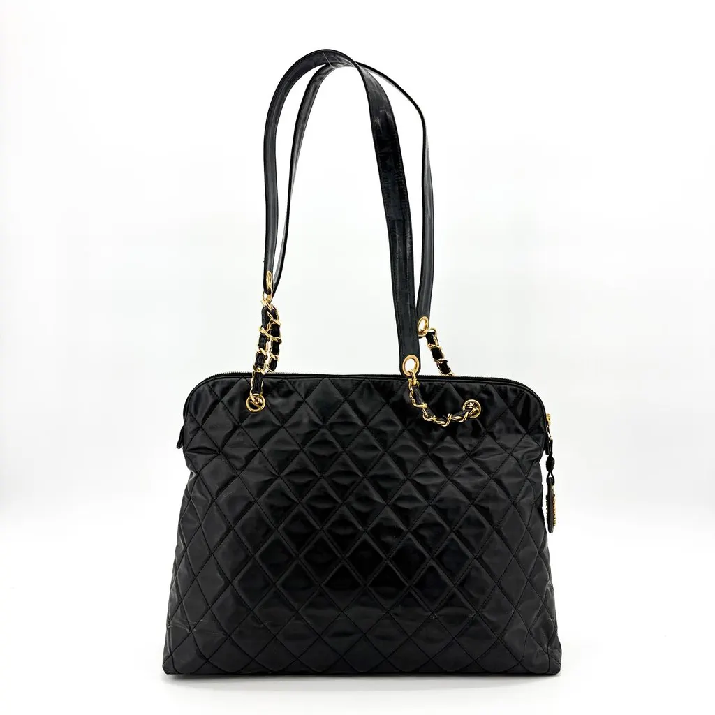 Chanel Vintage Quilted Nylon Chain Shoulder Bag Black Gold Hardware MultiColor Polyamide Good - Inside View