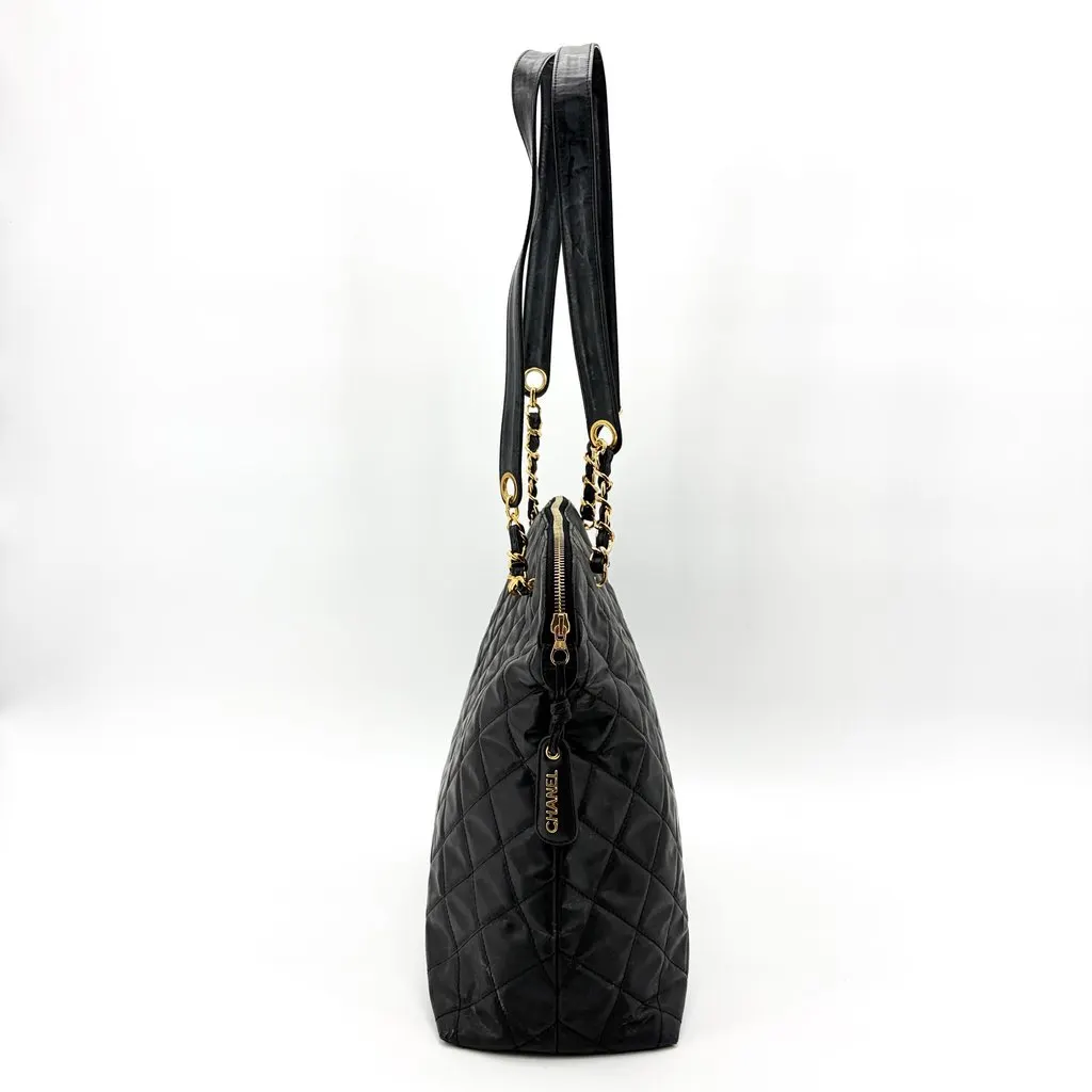 Chanel Vintage Quilted Nylon Chain Shoulder Bag Black Gold Hardware MultiColor Polyamide Good - Box View