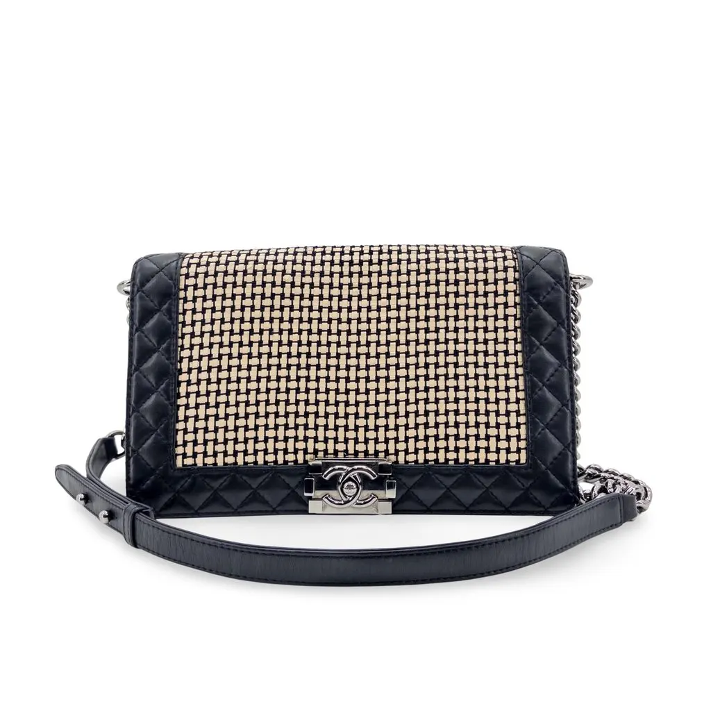 Chanel Boy Chanel Raffia and Lambskin Flap Bag Medium Black Silver Hardware MultiColor Leather Good - Front View