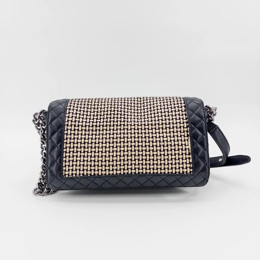 Chanel Boy Chanel Raffia and Lambskin Flap Bag Medium Black Silver Hardware MultiColor Leather Good - Back View