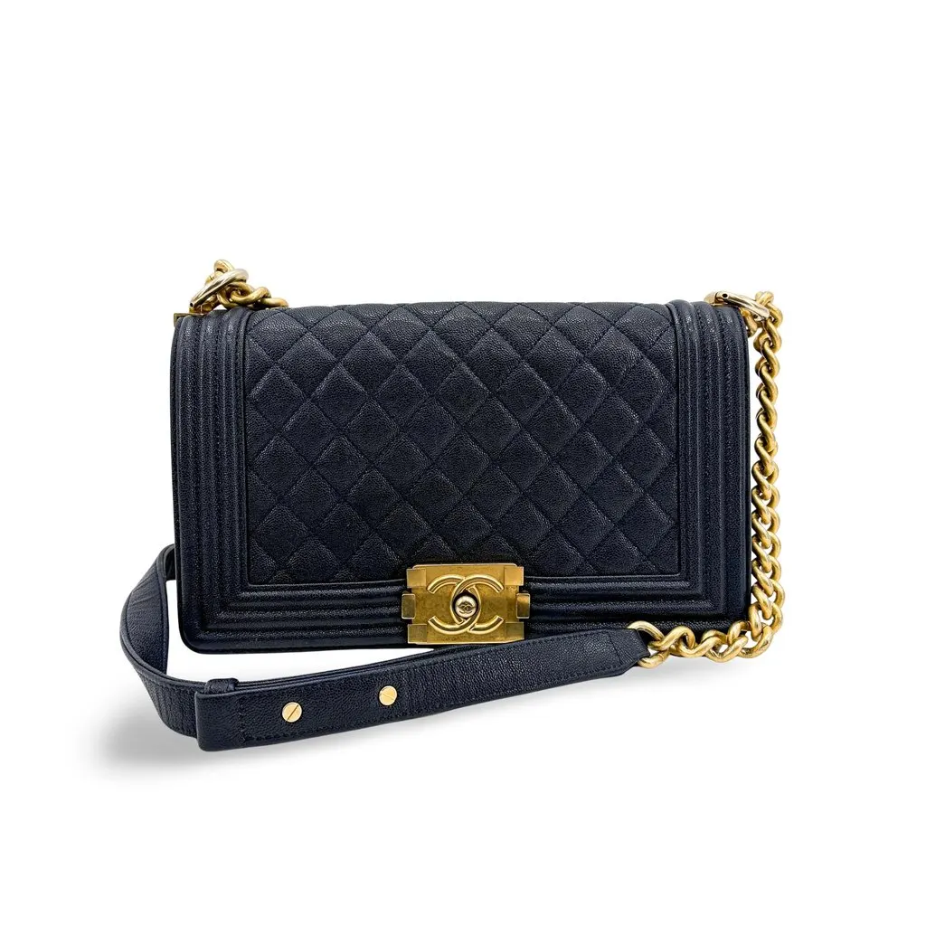 Chanel Boy Chanel Flap Bag Medium Navy Caviar Vintage Gold Hardware Navy Leather Good - Front View
