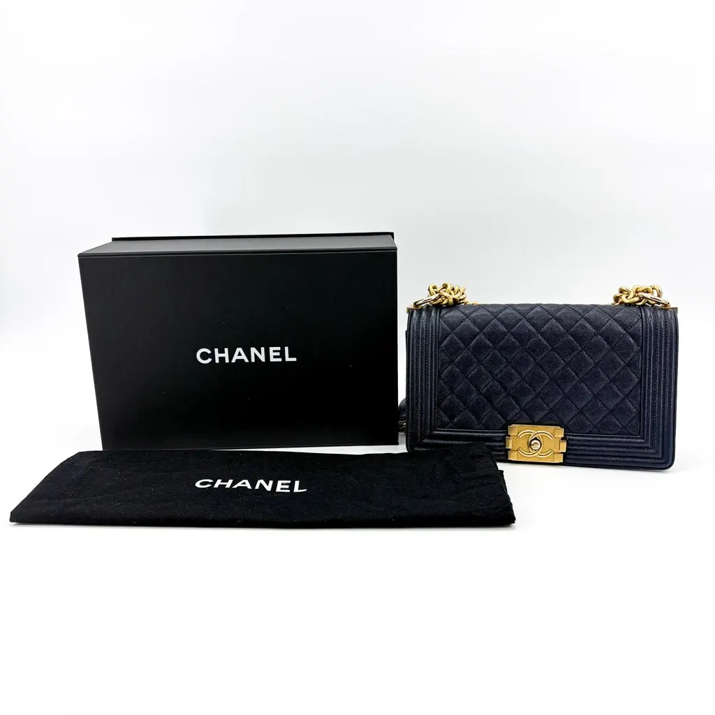 Chanel Boy Chanel Flap Bag Medium Navy Caviar Vintage Gold Hardware Navy Leather Good - Back View